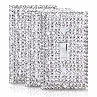 Gaocai 3 Pcs Silver Shiny Silver Rhinestones Light Switch Cover Plate Kitchen Home Decorative Single Toggle Wall Plate Durable Wall Outlet