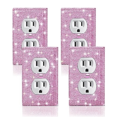 Gaocai 4 Pcs Shiny Silver Pink Rhinestones Outlet Covers Wall Plate Decorative Switch Plates Outlet Cover Rhinestones Light Switch Cover