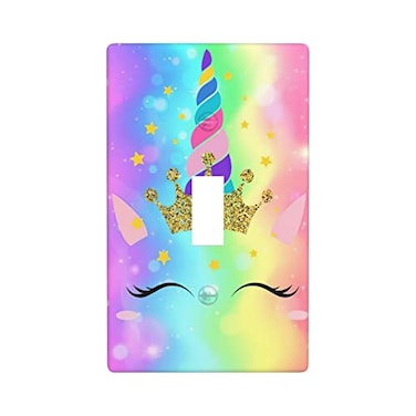 Gianlaima Gold Unicorn Princess Face Rainbow Pink Blue Yellow Light Switch Plate Cover Plastic Wall Plates Decor Print Single Gang Toggle Switch