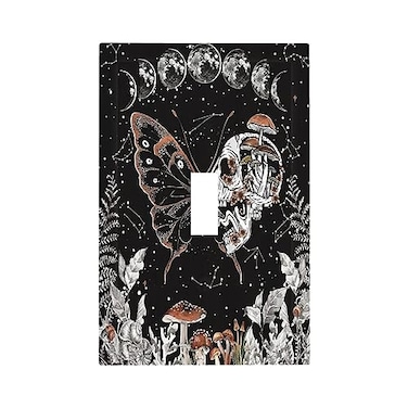 Spshian Halloween Moth Skull Skeleton Mushroom Butterfly 1 Gang Wallplate Decorative Outlet Light Switch Plate Covers Night Plant Botanical Single Toggle Electrical Faceplate Cover Home House Decor