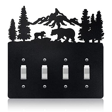 Lothee Metal Bear Switch Covers Moose Tree Mountain Elk Black Light Plate Forest Outlet Cover Toggle Switch Wall Plate Cover for Home BedroomQuadruple Toggle