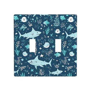 Moslion Blue Shark Fish Double Toggle Light Switch Plate Ocean Star Snail Seaweed Reef Coral 2Gang Wall Plate Device Mount Plug Cover Home Decor Bedroom
