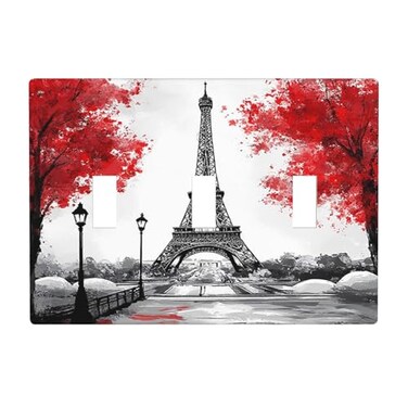 Moslion Paris Eiffel Tower 3 Gang Light Switch Cover Red Maple Leaf France Street Triple Toggle Wall Plate Outlet for Kitchen Bathroom Men Women