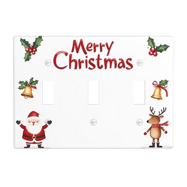 Moslion Santa Claus Reindeer Duplex 3Gang Switch Plug Covers Merry Christmas Bells Red Berry Leaf Triple Toggle Wall Plate Decor Light Covers for Home Kitchen Bedroom