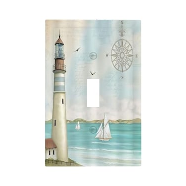 Spshian Nautical Lighthouse Ocean Coastal Compass 1 Gang Light Switch Covers Decorative Single Toggle Wall Plate Switchcover Electrical Switchplate for Country Bathroom Bedroom Decor
