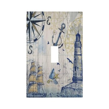 Yamxbfa Nautical Sailboat Lighthouse Single Toggle Light Switch Covers Plate Decorative 1 Gang Wall Plate Compass Anchor Wood Board Electrical Dual Device Switchplate Faceplate for Farmhouse Bathroom