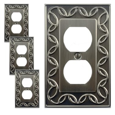 OKAWYC Single Duplex Outlet Cover Plate 4Pack Brushed Satin Pewter Antique Nickel NovaBloom Metal Wall Plate 1 Gang Light Switch Cover Receptacle Decorative Wallplate Durable