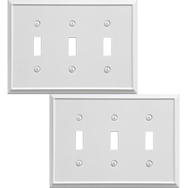 OKAWYC Triple Toggle Light Switch Cover Aria Metal Wall Plate 2Pack White 3 Gang Light Switch Cover Decorative Wallplate Durable