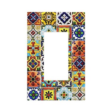GSRLOD Retro Matte Mosaic Moroccan Mexican Mandala Boho Talavera Style Ceramic Tile 1 Gang Single DecoratorGFCI Device Outlet Wall Plate Electrical One Rocker Decorative Light Switch Cover Faceplate D