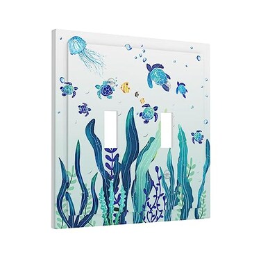 Wpshijia Sea Turtles Wall Ocean Grass Jellyfish Fish Sea Seaweed Bubbles Double Toggle Wall Plate 2 Gang Light Switch Cover Decorative Electrical Switchplate Faceplate for Living Room Bathroom Home De