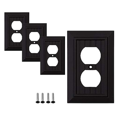 SLEEKLIGHTING SleekLighting Single Duplex Wall plates Decorative Bamboo Classic Beadboard Black Finish Electric Outlet and Switch Covers Style 1 Gang Toggle 4 Pack