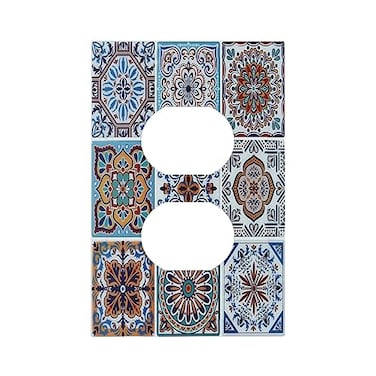 Spshian Decorative Switch Plate Covers Mexican Talavera Tile 1 Gang Receptacle Duplex Wall Plate Light Switch Cover Single Dual Device Outlet Plate Blue Moroccan Style Pattern Electrical Faceplate