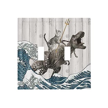 Spshian Funny Cat Cool Cat Dinosaur Japanese Sea Waves Wood Double Toggle Light Switch Covers Decorative 2 Gang Wall Plate Covers Dual Device Electrical Switchplate Faceplate for Farm Bathroom Decor