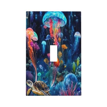 Spshian Light Switch Cover Blacklight Jellyfish Sea Turtle Fantasy Ocean 1 Gang Wall Plate Cover Single Toggle Switch Plate Covers Decorative Electrical Faceplate for Bathroom Home Decor