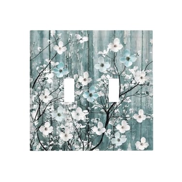 Spshian Rustic White Flower Blue Wood Plank Double Toggle Light Switch Covers 2 Gang Wall Plate Dual Decorative Switchplate Electrical Faceplate for Farmhouse Country Bedroom Decor