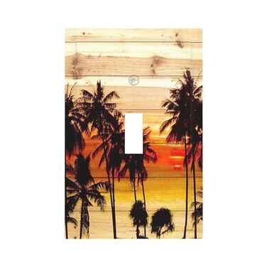 GSRLOD Summer Tropical Paradise Beach Palm Tree Foliage Hawaii Sunset Wood Wooden Decorative Single Toggle Device Decorator Outlet Light Switch Wall Plate Cover 1Gang Electrical Oversized Faceplate Co