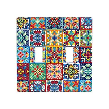 Gianlaima Talavera Mexican Ceramic Tiles Watercolor Decor Print Light Switch Plate Cover Plastic Wall Plates Double Gang Toggle Switch