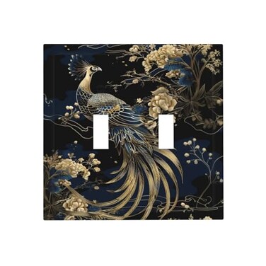 Thsanju Gold Peacock Golden Peony Flowers Plants Double Toggle Light Switch Covers Decorative 2 Gang Wall Plate Covers Dual Device Electrical Switchplate Dimmer Faceplate for Country Bathroom Decor