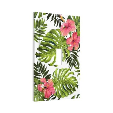 Wpshijia Tropical Plant Green Palm Single Toggle Wall Plate Covers 1 Gang Light Switch Cover Banana Leaves Pink Flower Rainfores Jungle Botanical Faceplate Decorative Electrical for Bathroom Kitchen H