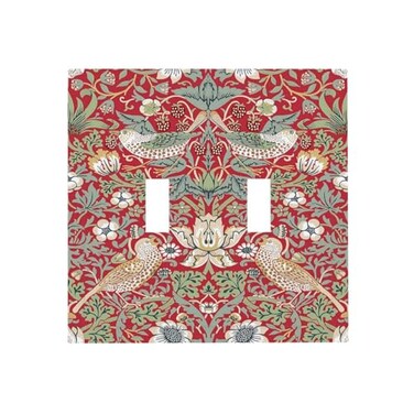 Sghxwp William Morris Strawberry Thief Botanical Red Green Double Toggle Light Switch Covers 2 Gang Wall Plate Dual Decorative Switchplate Electrical Faceplate for Country Bathroom Bedroom Kitchen Dec
