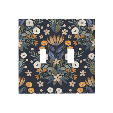 Xuejiaku Boho Leaf Floral Navy Blue Background Double Toggle Light Switch Covers 2 Gang Wall Plate Dual Decorative Switchplate Electrical Faceplate for Farmhouse Country Bedroom Bedroom Decor