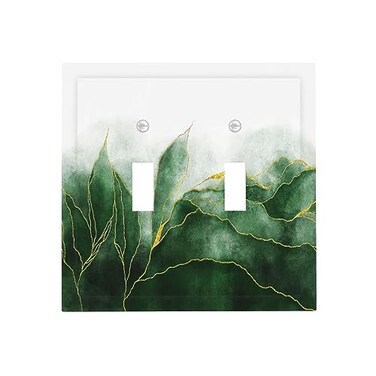 Yamxbfa Boho Green Marble Ombre Gold Plant Lines Double Toggle Light Switch Covers Decorative 2 Gang Wall Plate Modern Art Dual Device Electrical Switchplate Faceplate for Farmhouse Bathroom Decor