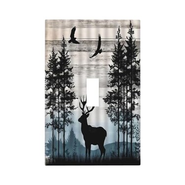 Yamxbfa Rustic Deer Retro Wooden Board Tree Forest Moose 1 Gang Light Switch Covers Single Toggle Wall Plate Decorative Switchcover Electrical Switchplate for Farmhouse Bathroom Bedroom Decor