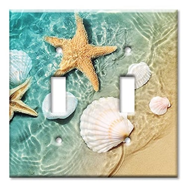 Art Plates 2 Gang Toggle Metal Light Switch Plate Cover Two Gang Toggle Decorative Wall Plate Sea Shells and Star Fish in Ocean Beach Tide Pool Made in USA