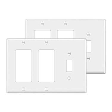 BESTTEN 2 Pack 3Gang Combination Wall Plate 2Decor 1Toggle Standard Size Unbreakable Polycarbonate Outlet and Switch Cover White