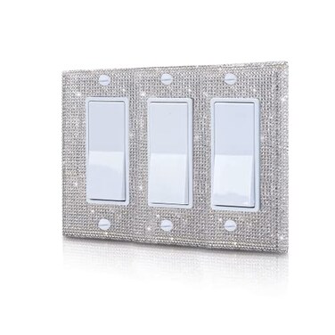 Gaocai Silver Shiny Silver Rhinestones Wall Plates Light Switch Cover Plate Decorative 3 Gang Wall Plate Single Toggle For Outlet Covers Wall Plate