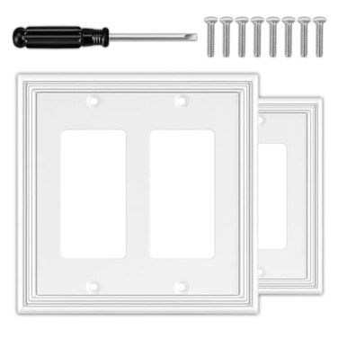 OKAYZIP White Decorative Double Decorator Switch Covers Wall Plate Natural Material Rocker Switch Plates for Receptacle GFCI Outlet Dimmer Switch Modern Style 2 Gang Decorator 2 Pack