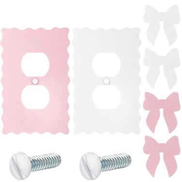 Relaxweex 2 Pcs Pink Bow Light Switch Cute Cover Outlet Covers Pink and White Switch Wall Plate Metal Toggle Electric Outlet Cover for Room Bedroom Home Decor Round Hole