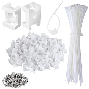 XHF 100 Pcs Cable Zip Tie Saddle Type Mounts Base with 100 Pcs 8 Cable Ties and 100 Pcs Tapping Screw Wire Cable Clips Organizer Holders Clamps White