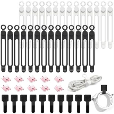 OneLeaf 48Pcs Cord Organizer Kit Reusable Silicone Cable Ties Strong Adhesive Cable Clips for Cable Management Multipurpose Wire Management for Bundling and Fastening Various Wires Black White