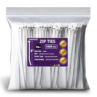 COMRUN 1000pcs 8Inch Nylon Zip Ties 50 Pounds Tensile Strength Industrial Grade White Cable Tie Zip UV ResistantHeavy Dutyfor HomeGarden TrellisOfficeGarage and Workshop