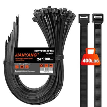 JIANYANG Long Zip Ties Heavy Duty 24 inch400 LBS Tensile Strength With Double Sided Toothed Super Durable Cable Ties Extra Large Wire Ties Adjustable Nylon Tie Wraps for Indoor Outdoor 100 Pack Black