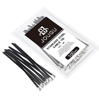 JOUGU Metal Zip Ties Black 100pcs Stainless Steel Epoxy Coated Locking Cable Heavy Duty Exhaust Wrap Multi Purpose Binding for machinery vehicles farms cables pipesFence