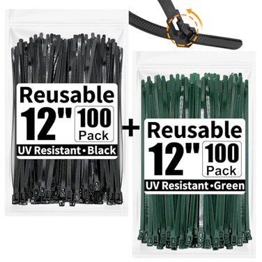 SOOoEC SOOOEC 200 Pack Reusable Zip Ties 12 inch Heavy Duty Outdoor UV Resistant Releasable Black Zip Ties Indoor Round Ending No Hurt Cable Ties Reusable Tie Wraps Non Slip Off Black Green