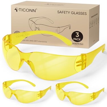 TICONN 3 Clear Safety Glasses for Men and Women Safety Goggles with Scratch Impact Resistant Meets ANSI Z871 Standard Yellow 3 Pack