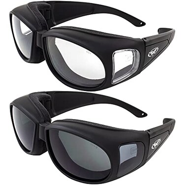 Global Vision Motorcycle Safety Sunglasses Fits Over Most Glasses 2pack Smoke and Clear Day Night Usage Meets ANSI Z871 Safety Glasses Foam Padding