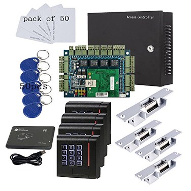MENGQI-CONTROL MENGQICONTROL RFID Keypad Access Control System Card or PIN Code Open 4 Doors Strike Lock Smart TCPIP Control Board Keypad Door Access 110240V Power Supply Box