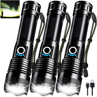 MIXILIN 3 Pack Rechargeable LED Flashlights High Lumens 90000LM Super Bright Flashlight Adjustable 5 Modes Powerful Flash Light with USB Cable Waterproof Handheld Flashlight for Home Camping Emergenci