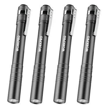 WORKPRO LED Pen Light Aluminum Pen Flashlights Pocket Flashlight with Clip for Inspection Emergency Everyday 2AAA Batteries Include Gray4Pack