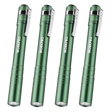 WORKPRO LED Pen Light Aluminum Pen Flashlights Pocket Flashlight with Clip for Inspection Emergency Everyday 2AAA Batteries Include Green4Pack