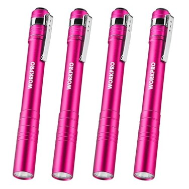 WORKPRO LED Pen Light Aluminum Pen Flashlights Pocket Flashlight with Clip for Inspection Emergency Everyday 2AAA Batteries Include Pink4Pack
