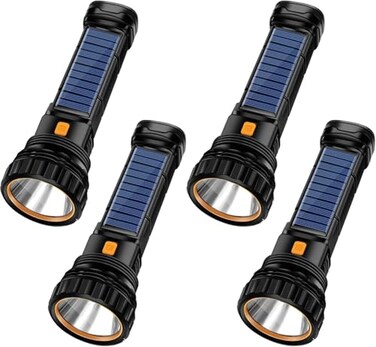 E-SHIDAI ESHIDAI 4pcs SolarRechargeable Multi Function 1000 Lumens LED Flashlight with Emergency Strobe Light and 1200 Mah Battery Emergency Power Supply and USB Charging Cable Fast Charging 4PC