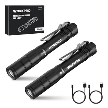 WORKPRO Rechargeable Pen Light Mini Flashlight 2 Pack UltraCompact EDC Flashlight Pocket Flashlight with Clip Memory Function and 2 x USB C Cable Included Black