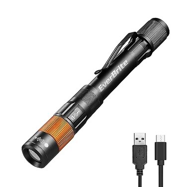 EverBrite Rechargeable Pen Light 300 Lumens EDC Flashlight Zoomable LED Pocket Flashlight with Clip Memory Function and USB C Cable Included for Camping Emergency Charcoal Black