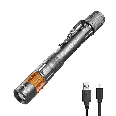 EverBrite Rechargeable Pen Light 300 Lumens EDC Flashlight Zoomable LED Pocket Flashlight with Clip Memory Function and USB C Cable Included for Camping Emergency Gray