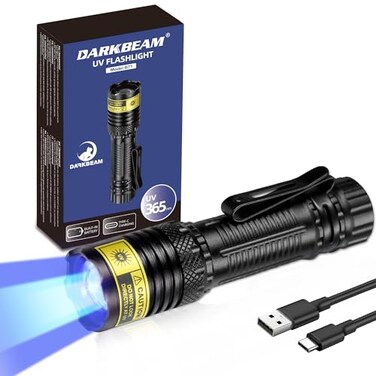 DARKBEAM 365nm UV Flashlight Black Light Mini but Powerful Blacklight USB C Rechargeable Focusable Woods Lamp Water Resistant Detector for Pet Urine AC Leak Detection Curing Resin